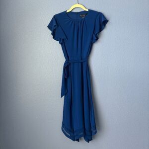 Women's Jessica Howard Dress Midi Tie Around Waist High Neck Short Sleeve Blue